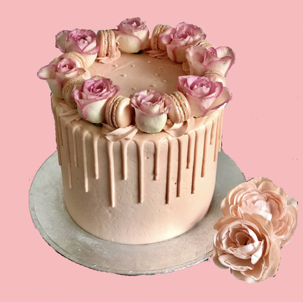 Rose & Macaron Drip Cake
